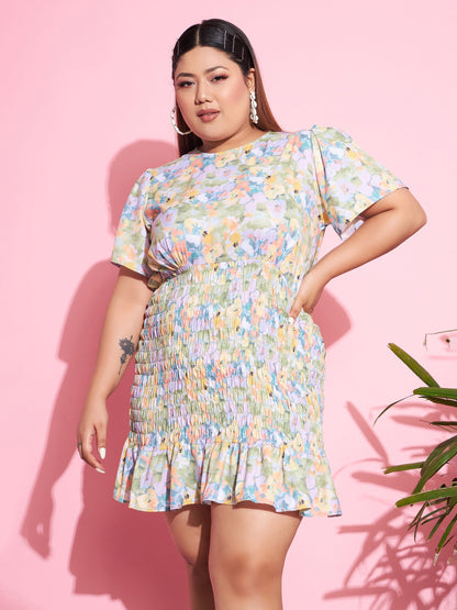Women's Green Floral Smocked Short Dress