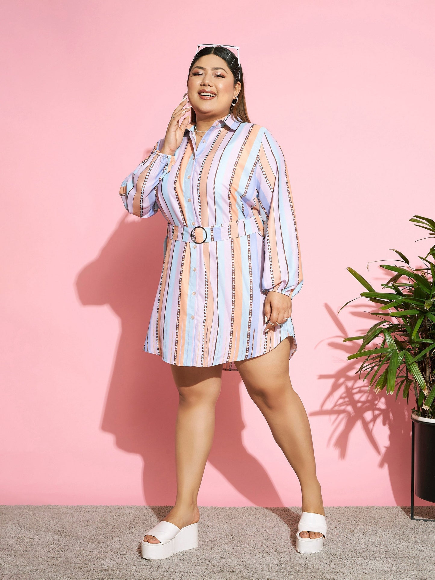 Women's Multi Stripes Belted Shirt Dress