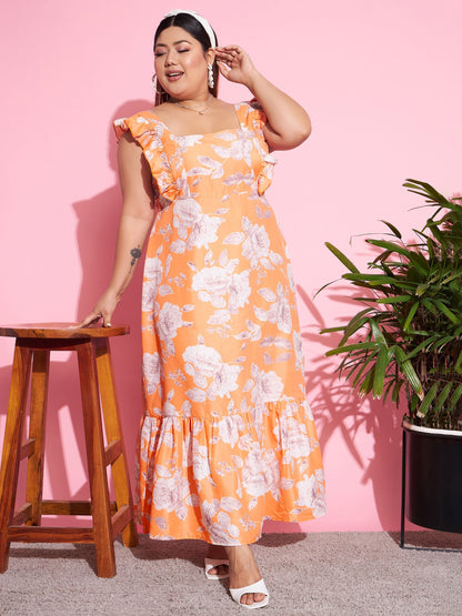 Women's Orange Floral Back Cut-out Maxi Dress