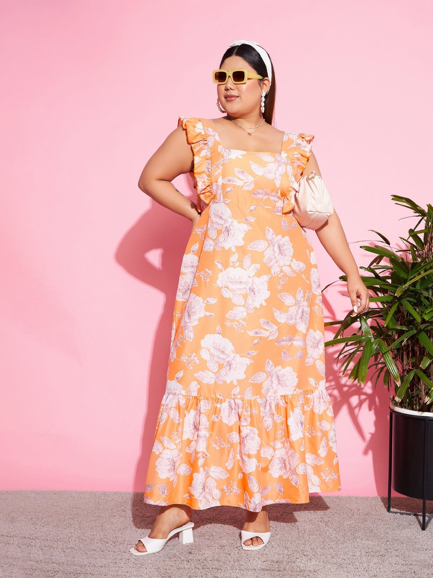 Women's Orange Floral Back Cut-out Maxi Dress