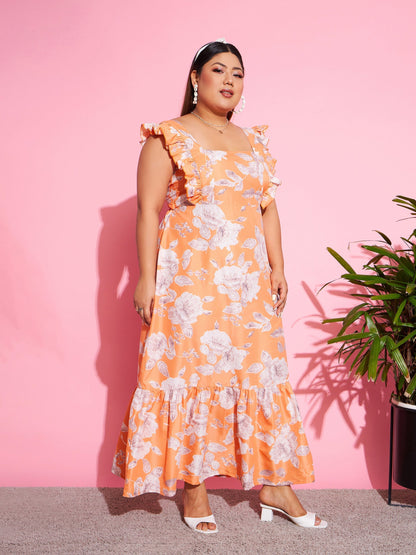 Women's Orange Floral Back Cut-out Maxi Dress