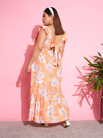 Women's Orange Floral Back Cut-out Maxi Dress
