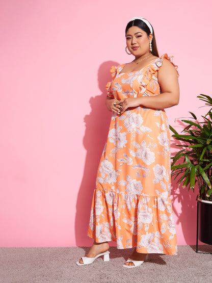 Women's Orange Floral Back Cut-out Maxi Dress