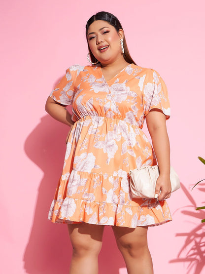 Women's Orange Floral Short Wrap Dress