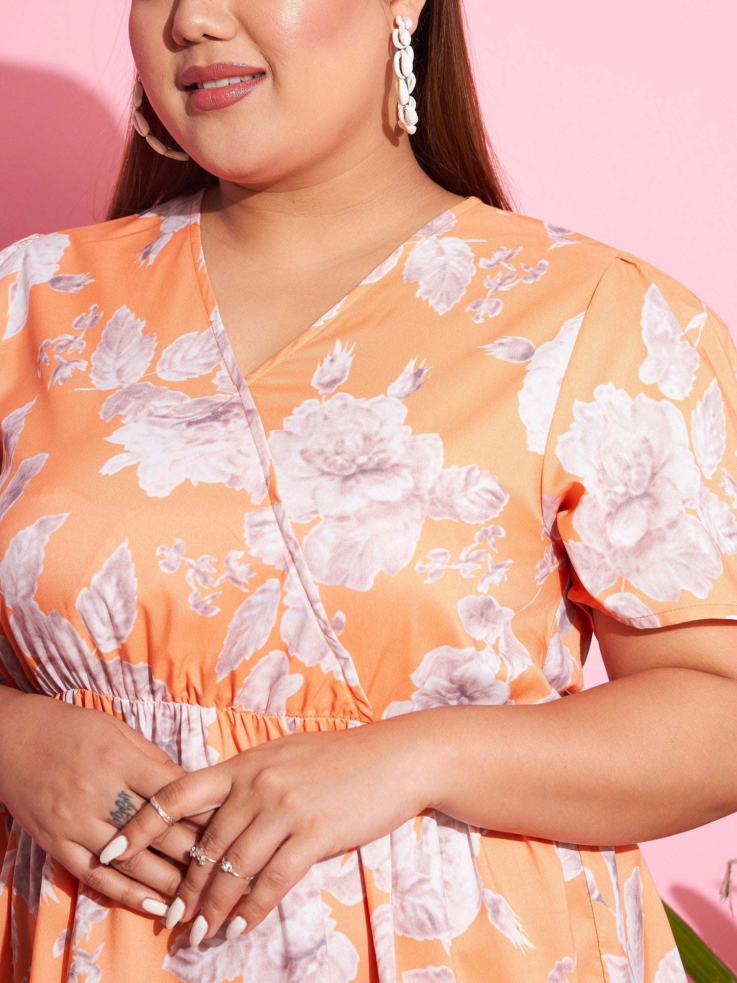 Women's Orange Floral Short Wrap Dress