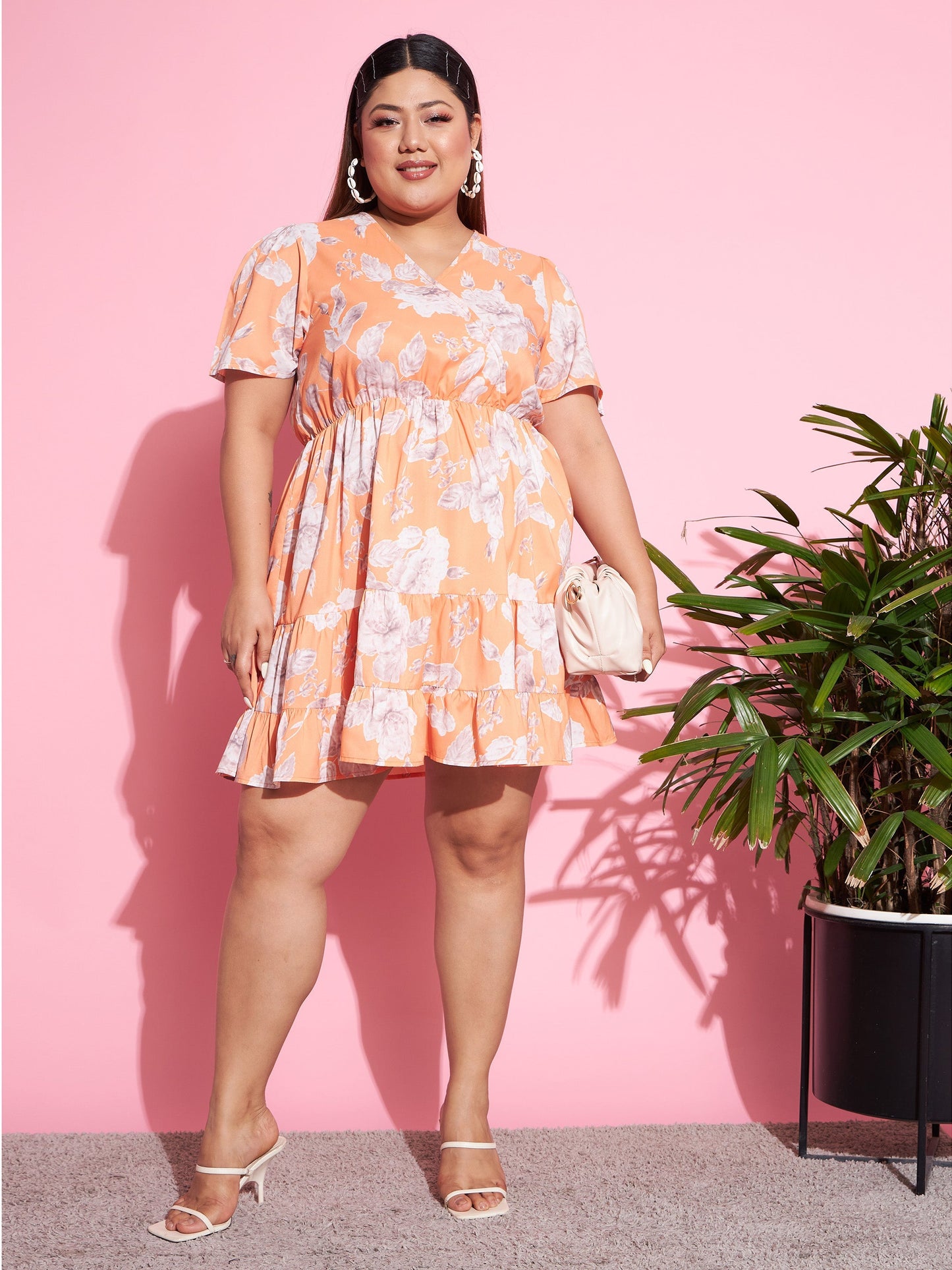 Women's Orange Floral Short Wrap Dress