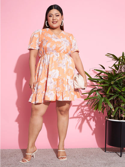 Women's Orange Floral Short Wrap Dress