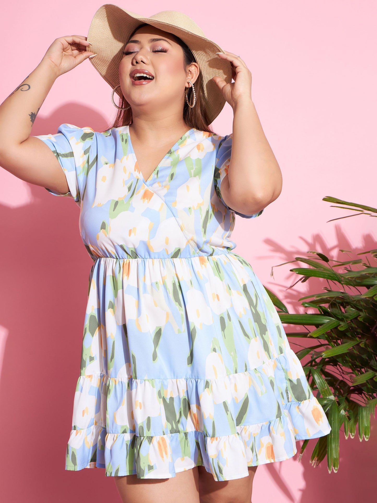 Women's Blue Floral Short Wrap Dress