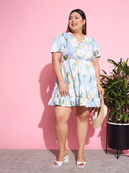 Women's Blue Floral Short Wrap Dress