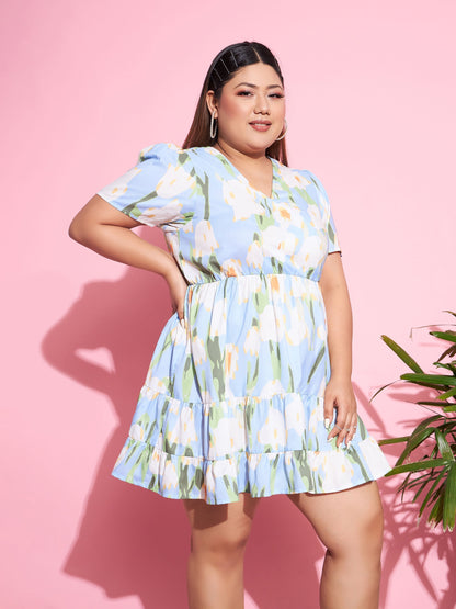 Women's Blue Floral Short Wrap Dress