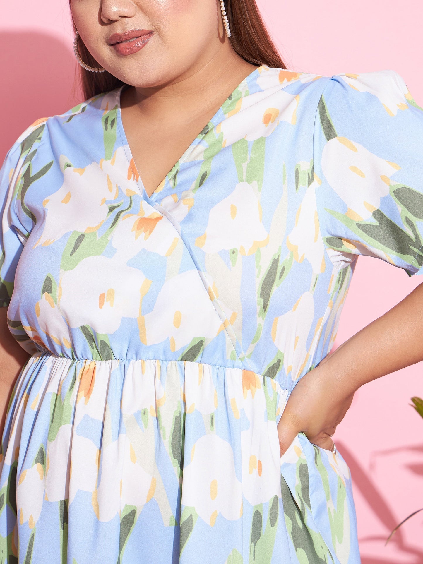 Women's Blue Floral Short Wrap Dress