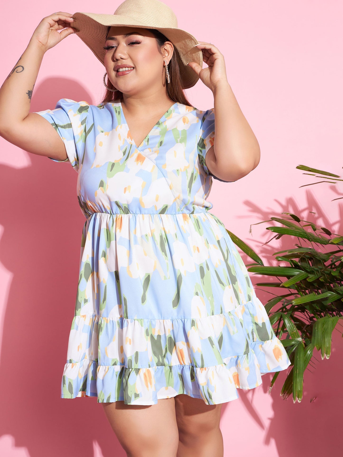 Women's Blue Floral Short Wrap Dress