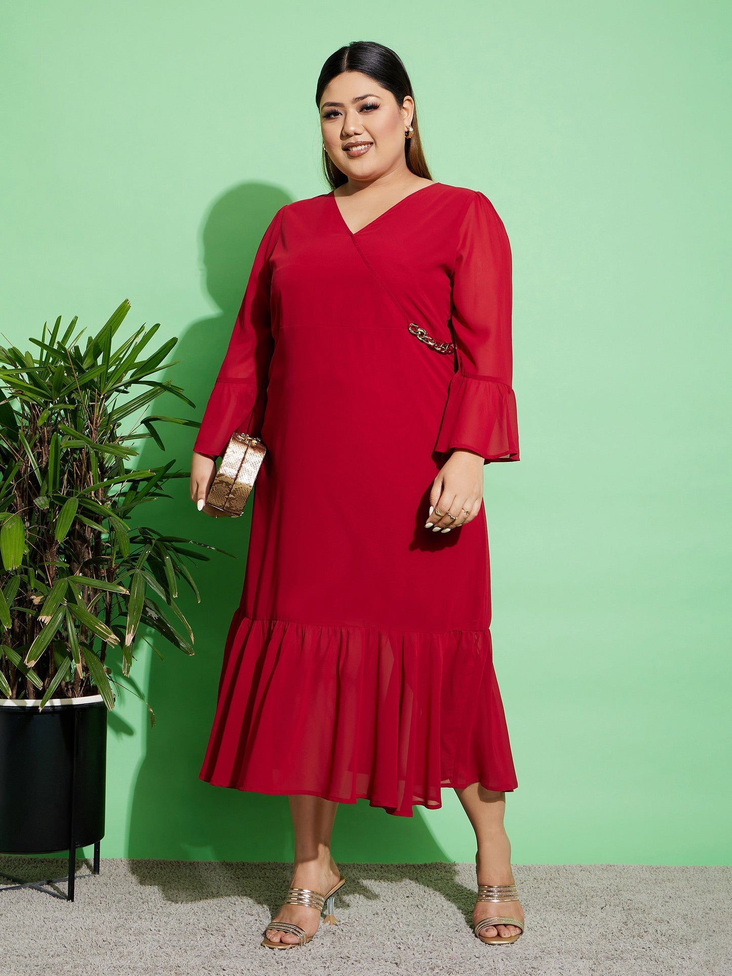 Women's Maroon Chain Detail Wrap Dress