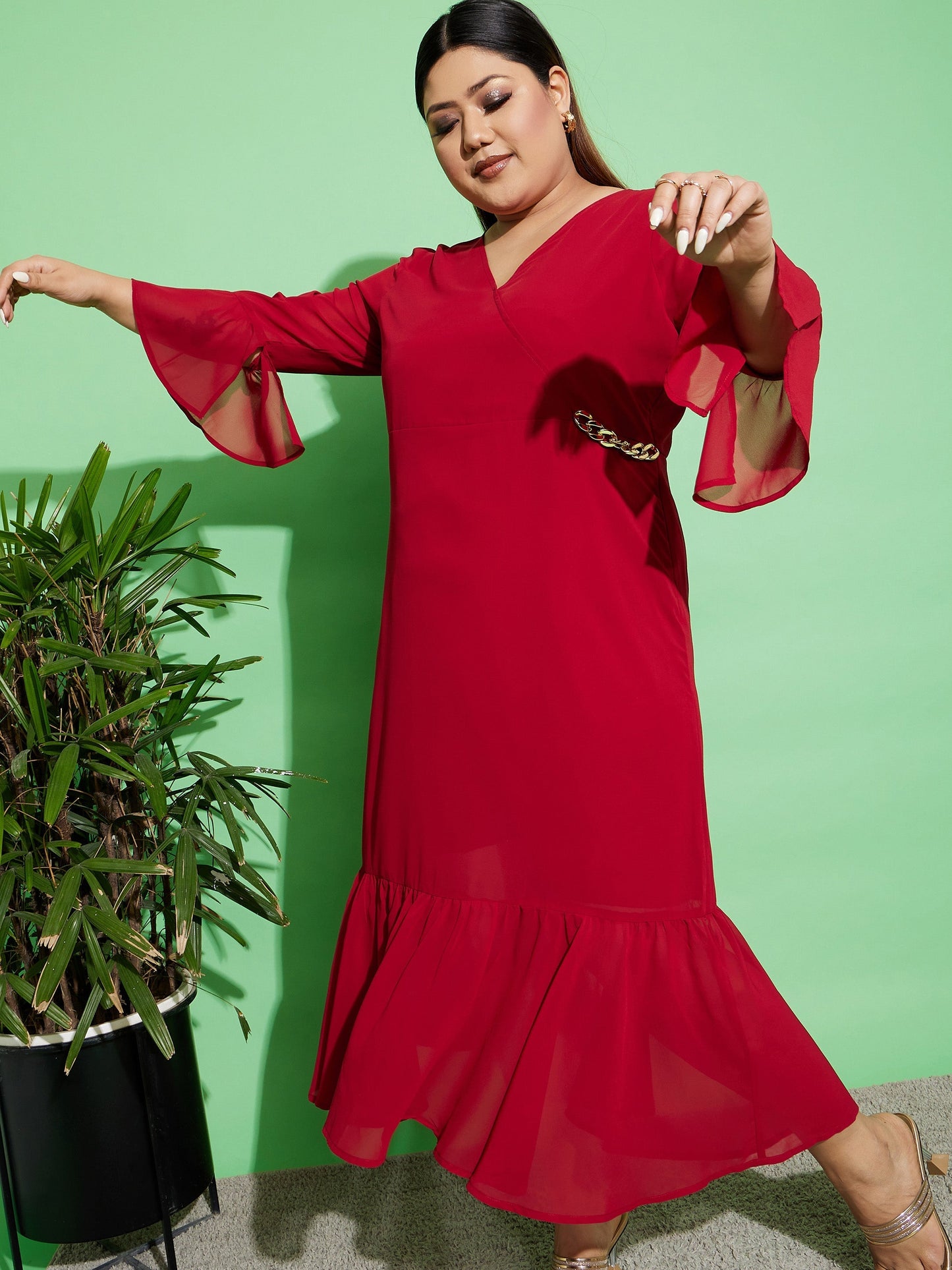 Women's Maroon Chain Detail Wrap Dress