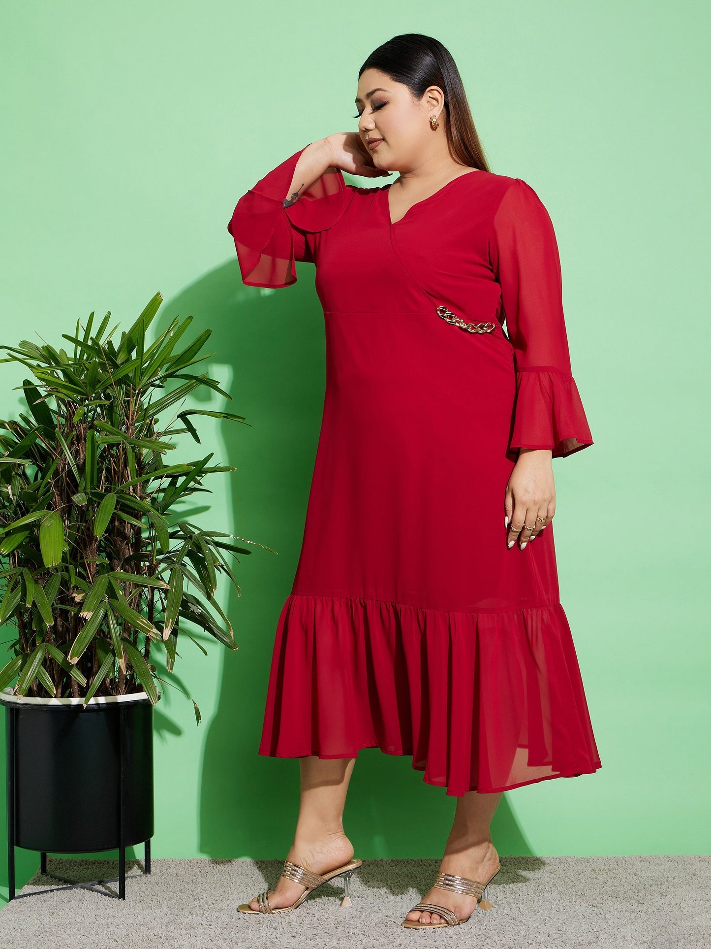 Women's Maroon Chain Detail Wrap Dress