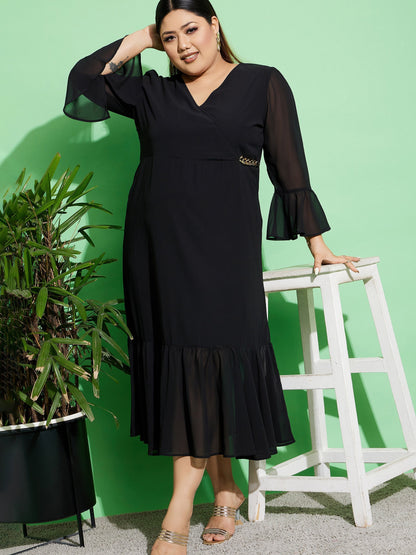 Women's Black Chain Detail Wrap Dress