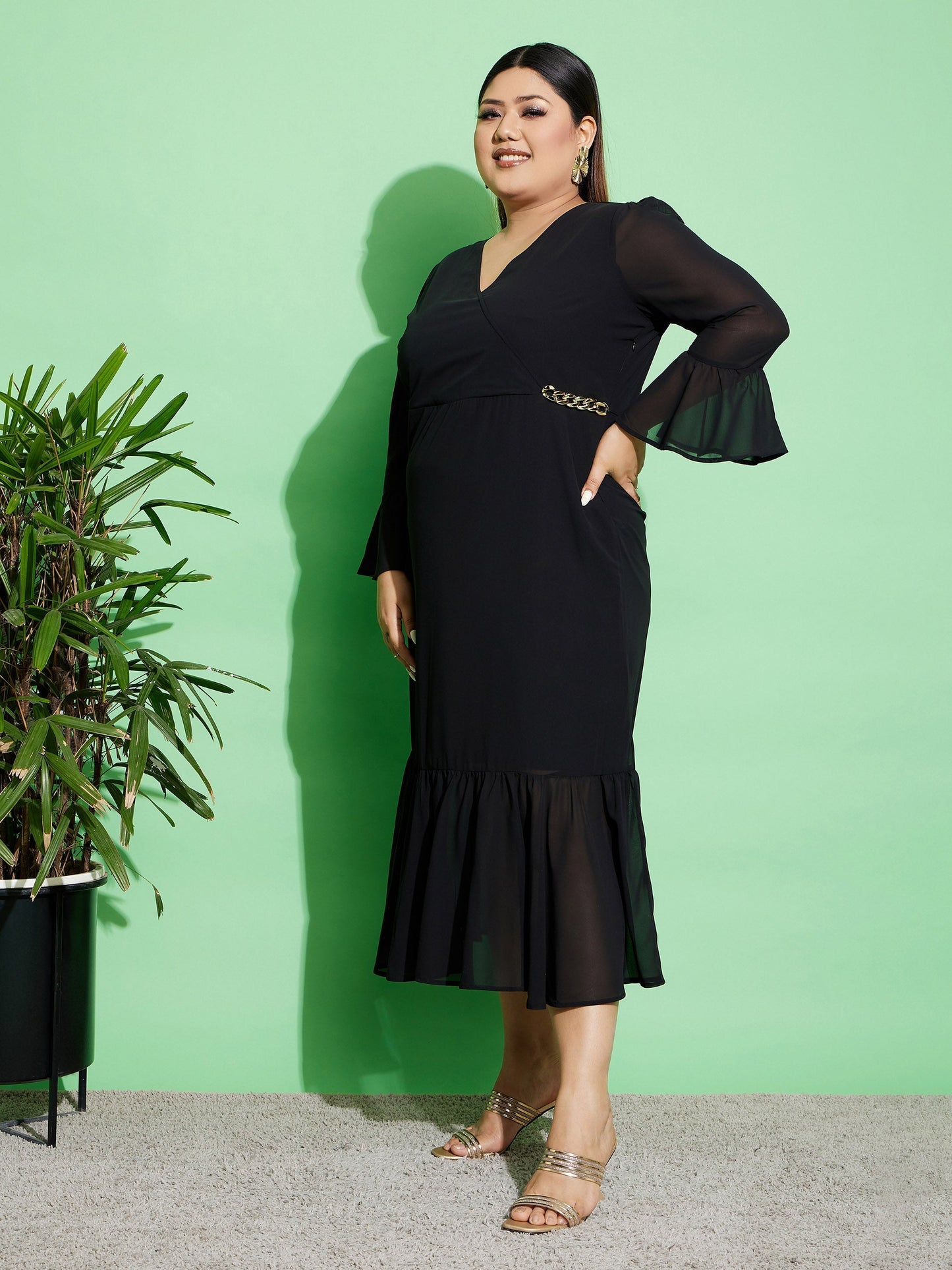 Women's Black Chain Detail Wrap Dress