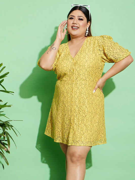 Women's Yellow Lace Front Button Dress