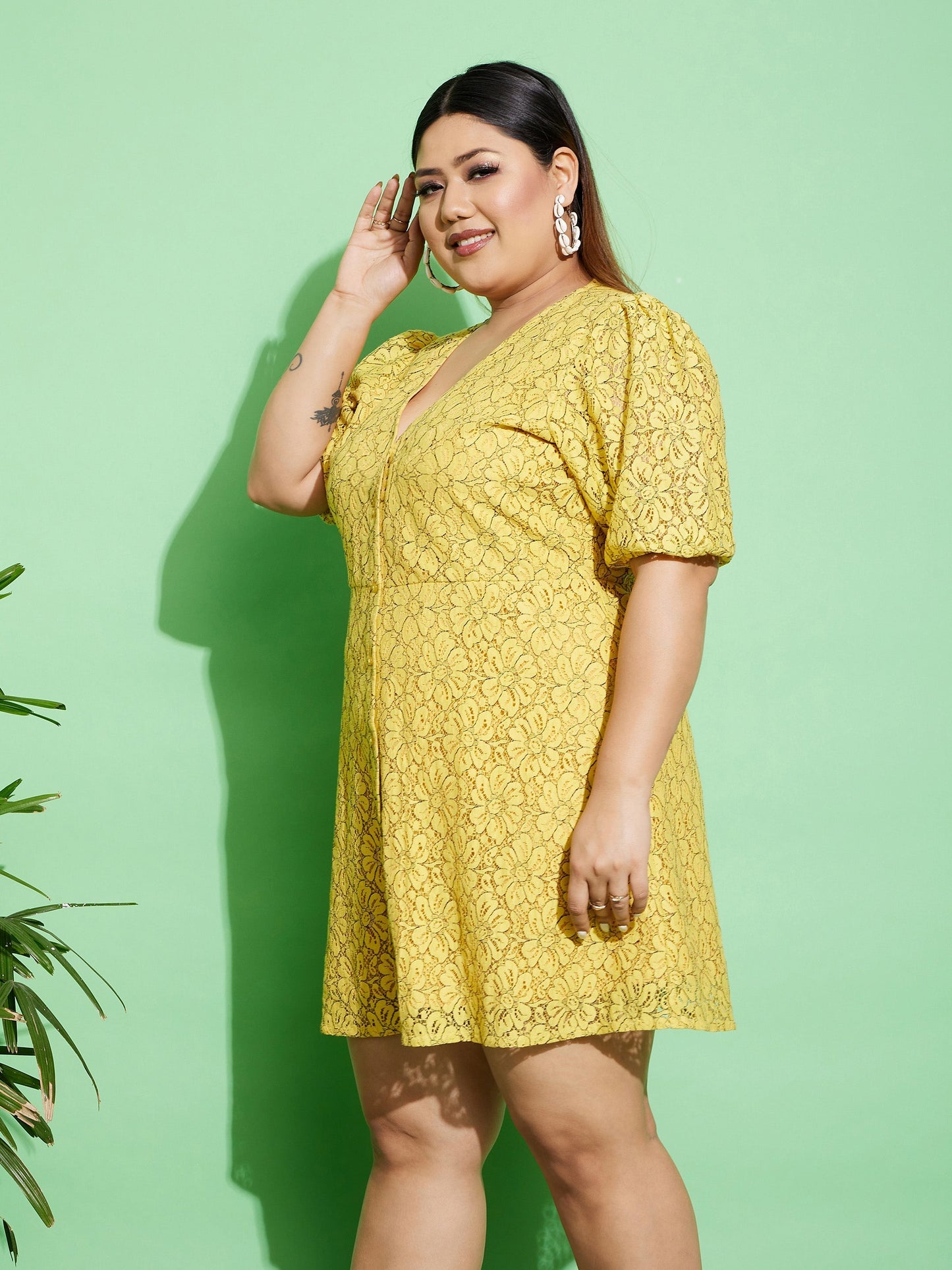 Women's Yellow Lace Front Button Dress