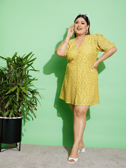 Women's Yellow Lace Front Button Dress