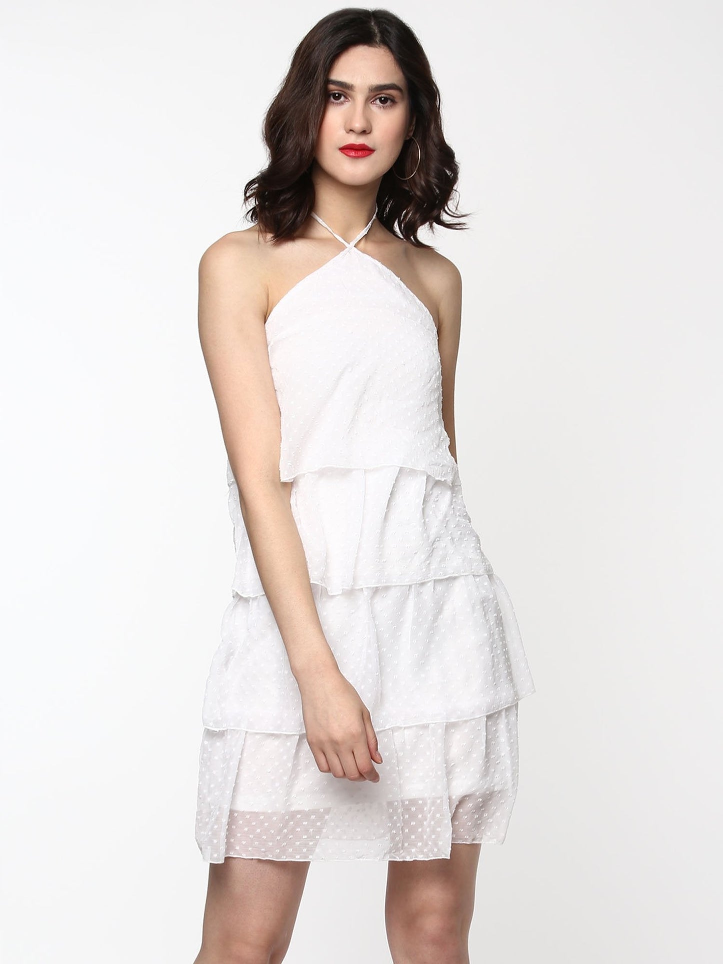 Women's Ivory Swiss Dot Tiered Halter Dress