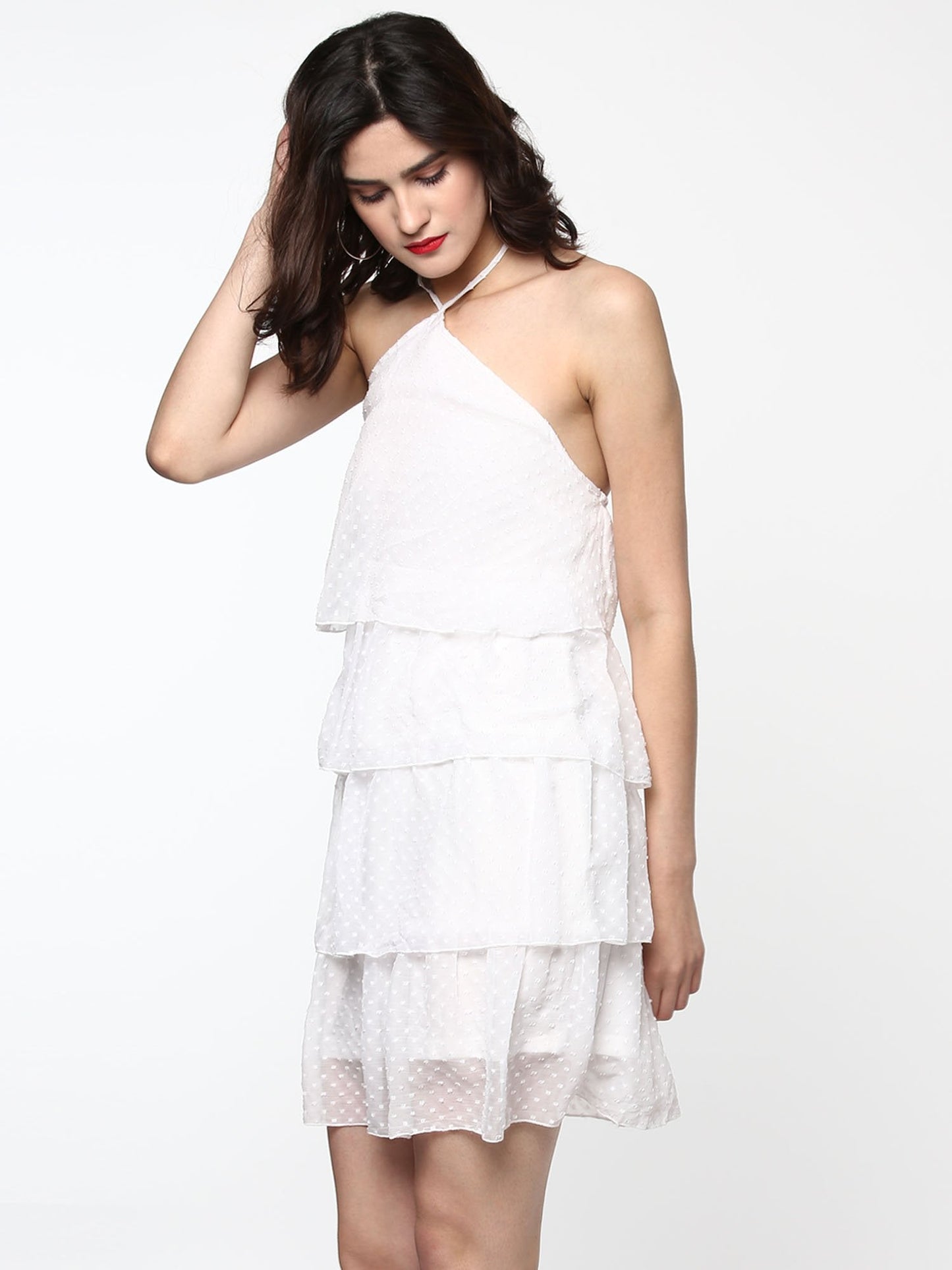 Women's Ivory Swiss Dot Tiered Halter Dress