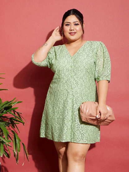 Women's Green Lace Front Button Dress