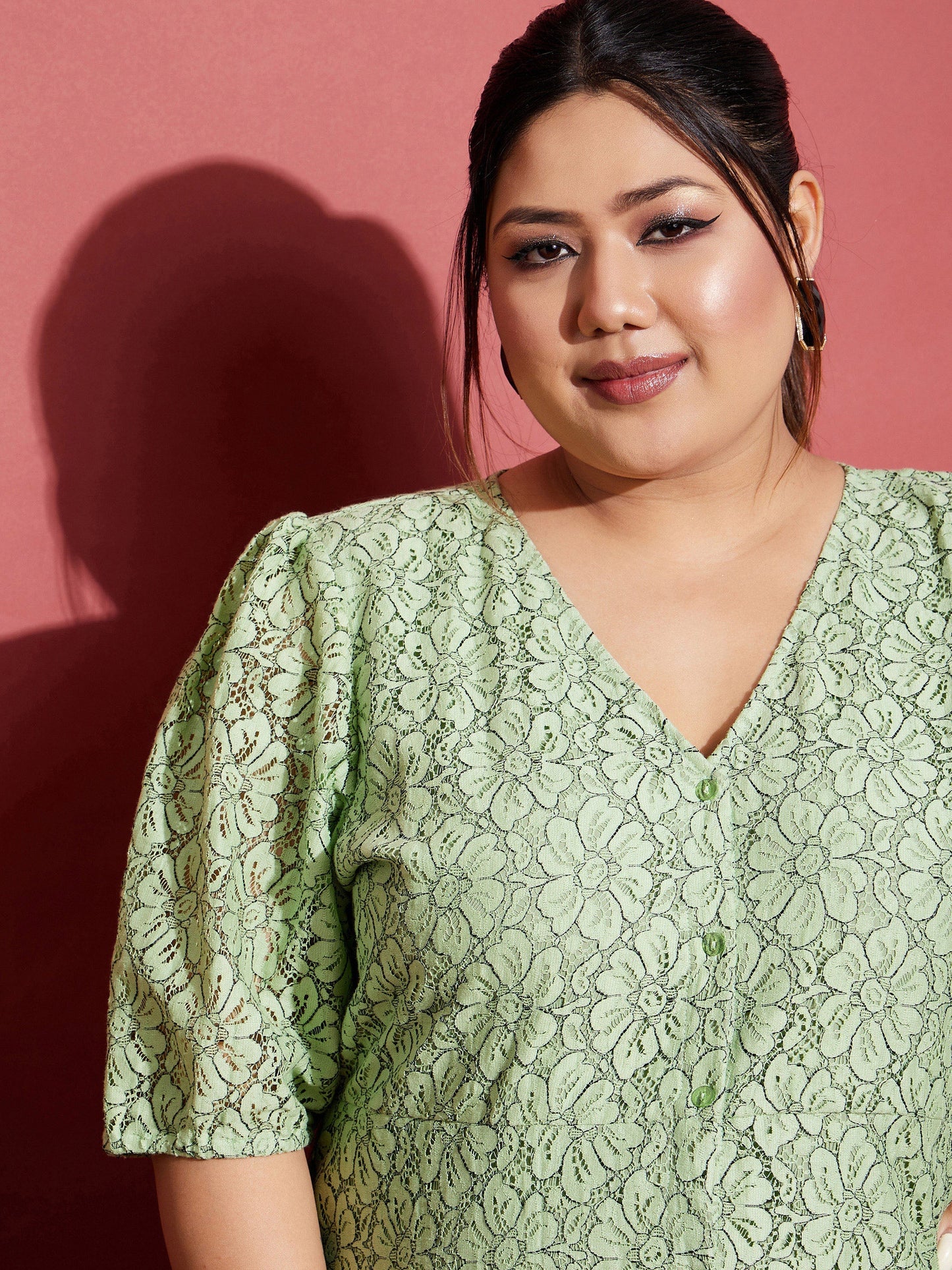 Women's Green Lace Front Button Dress