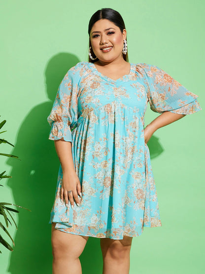 Women's Blue Floral Chiffon Back Detail Skater Dress