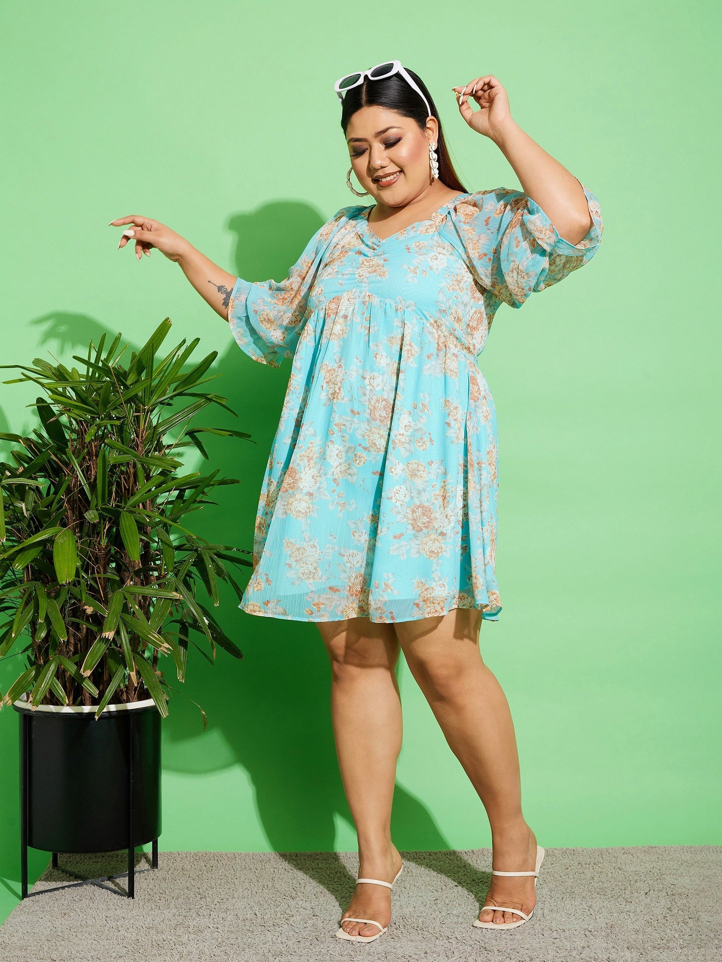 Women's Blue Floral Chiffon Back Detail Skater Dress