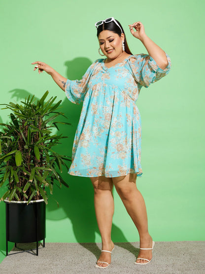Women's Blue Floral Chiffon Back Detail Skater Dress