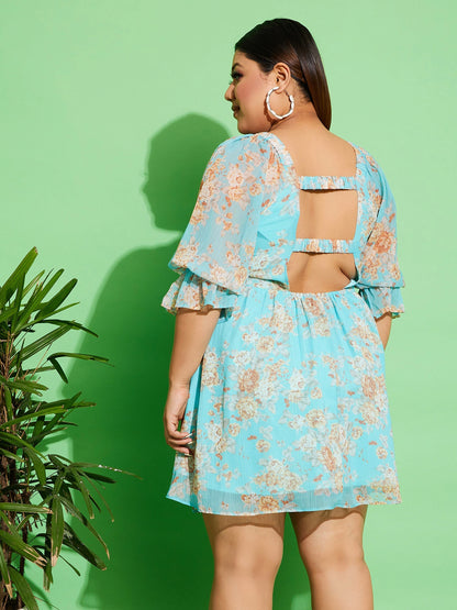 Women's Blue Floral Chiffon Back Detail Skater Dress
