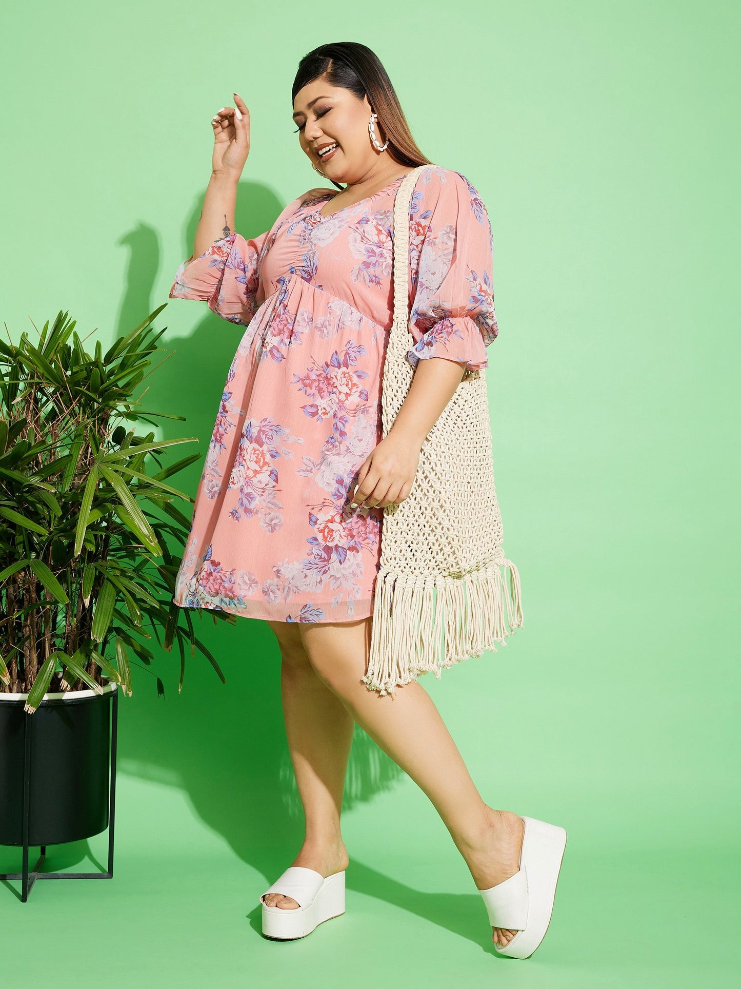Women's Peach Floral Chiffon Back Detail Skater Dress