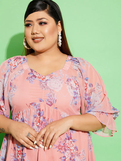 Women's Peach Floral Chiffon Back Detail Skater Dress