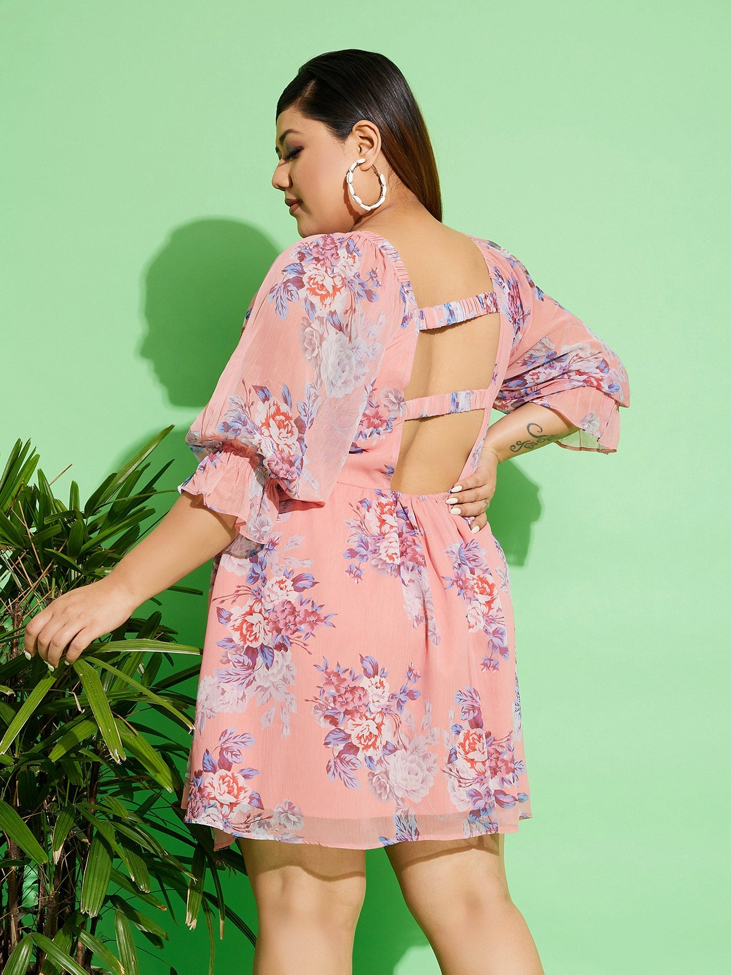 Women's Peach Floral Chiffon Back Detail Skater Dress