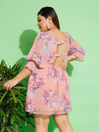 Women's Peach Floral Chiffon Back Detail Skater Dress