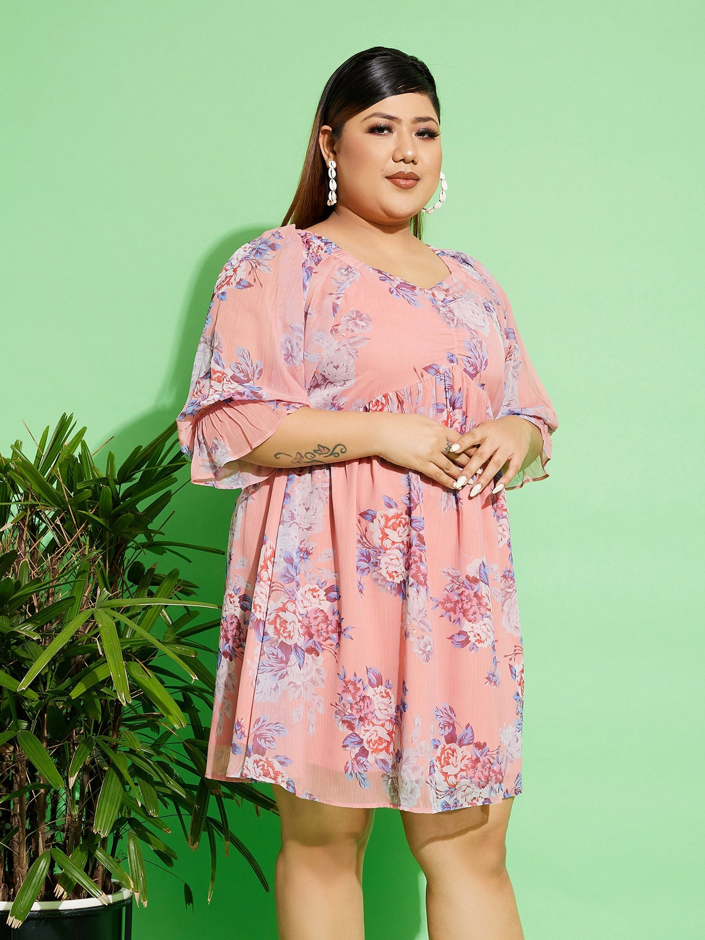 Women's Peach Floral Chiffon Back Detail Skater Dress