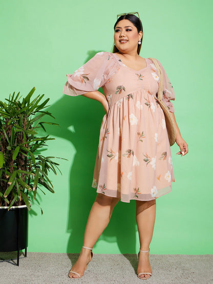 Women's Beige Floral Chiffon Back Detail Skater Dress