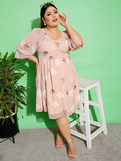 Women's Beige Floral Chiffon Back Detail Skater Dress