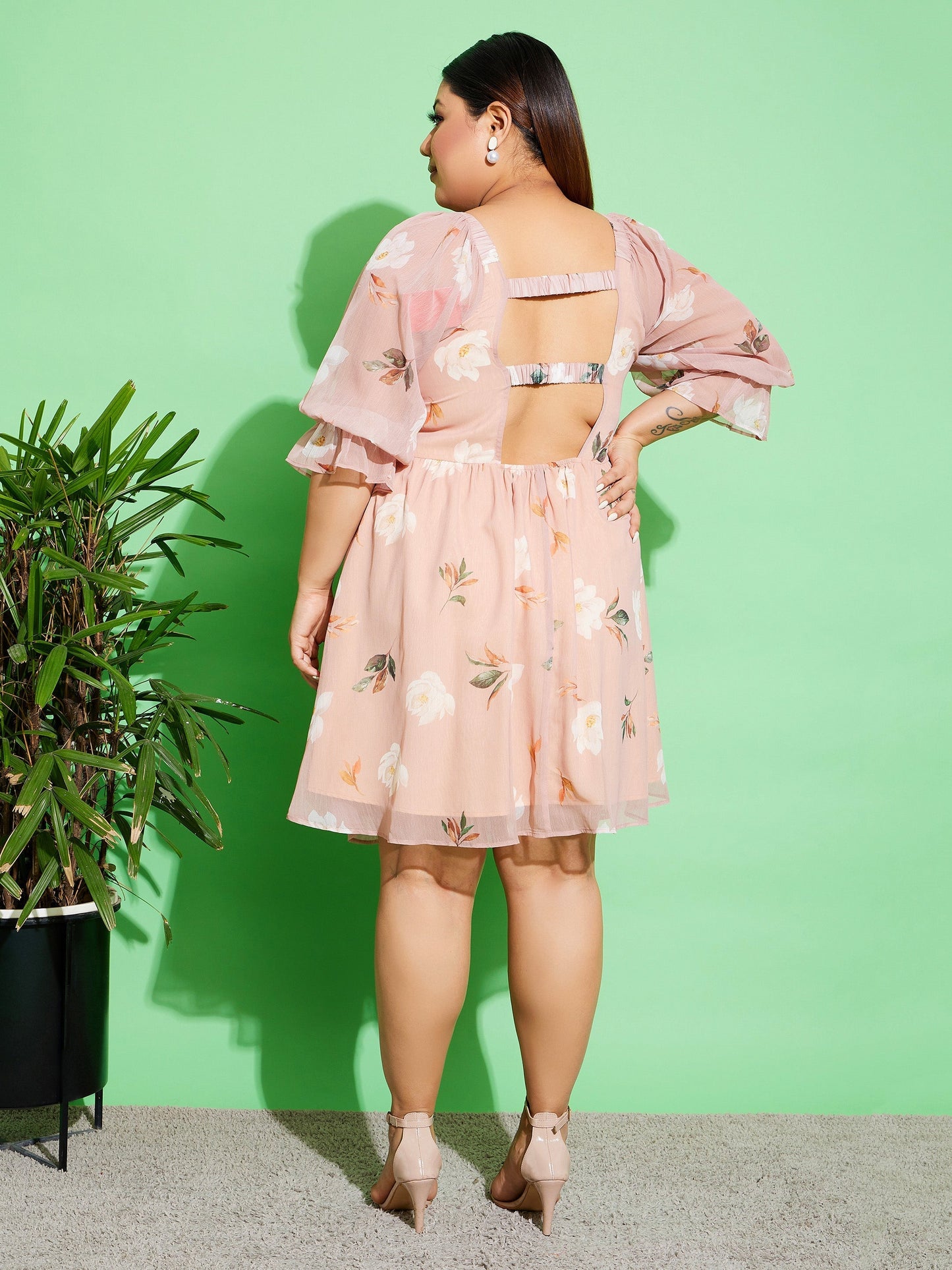 Women's Beige Floral Chiffon Back Detail Skater Dress