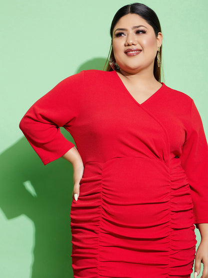 Women's Red Ruched Bodycon Midi Dress