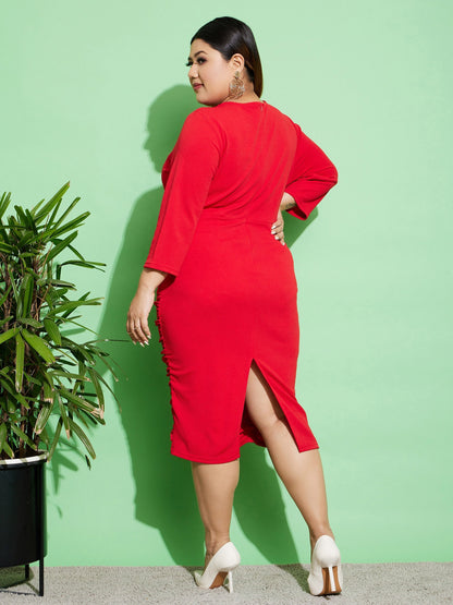Women's Red Ruched Bodycon Midi Dress