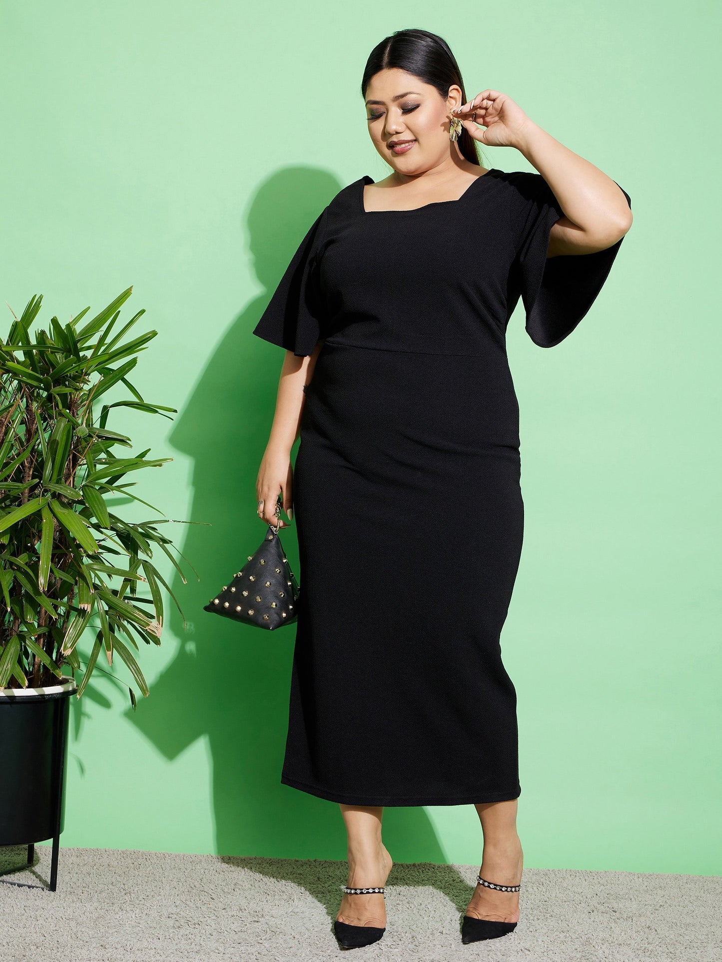 Women's Black Butterfly Sleeve Bodycon Ankle Dress