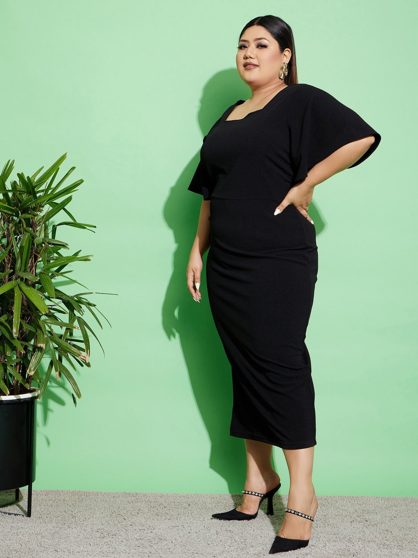 Women's Black Butterfly Sleeve Bodycon Ankle Dress
