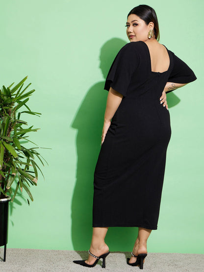 Women's Black Butterfly Sleeve Bodycon Ankle Dress