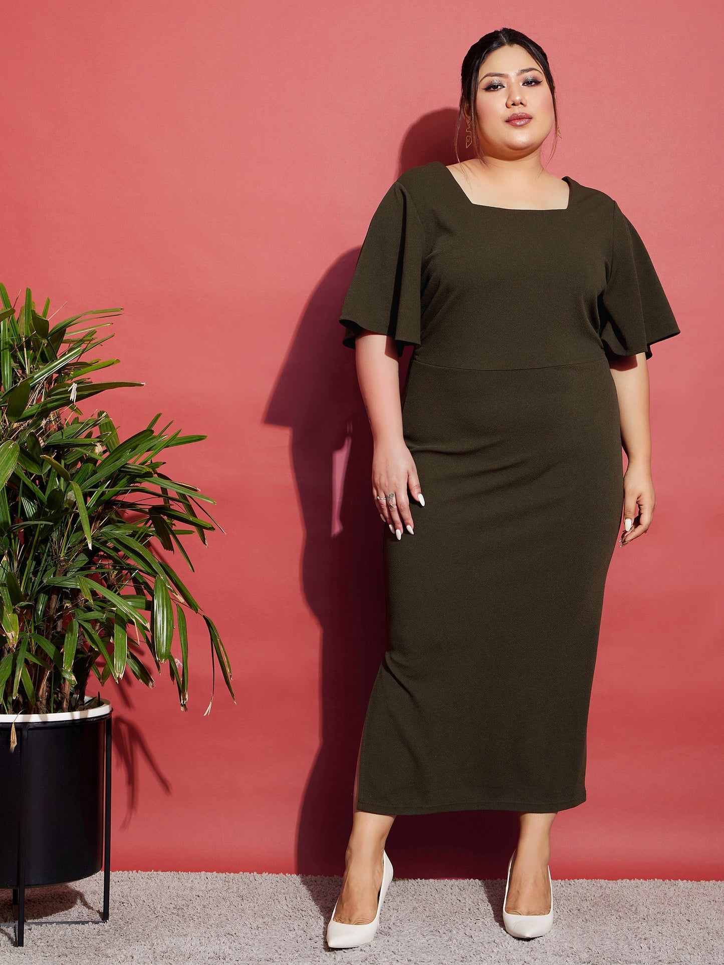 Women's Olive Butterfly Sleeve Bodycon Ankle Dress