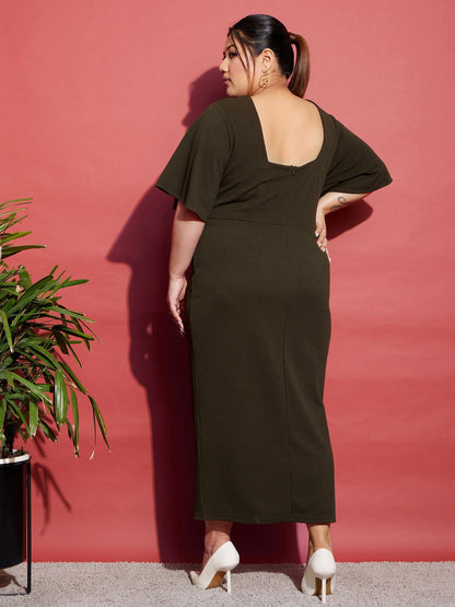 Women's Olive Butterfly Sleeve Bodycon Ankle Dress