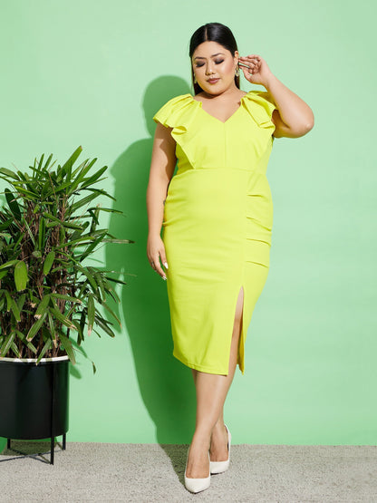 Women's Neon Yellow Ruffled Body Slit Bodycon Midi Dress