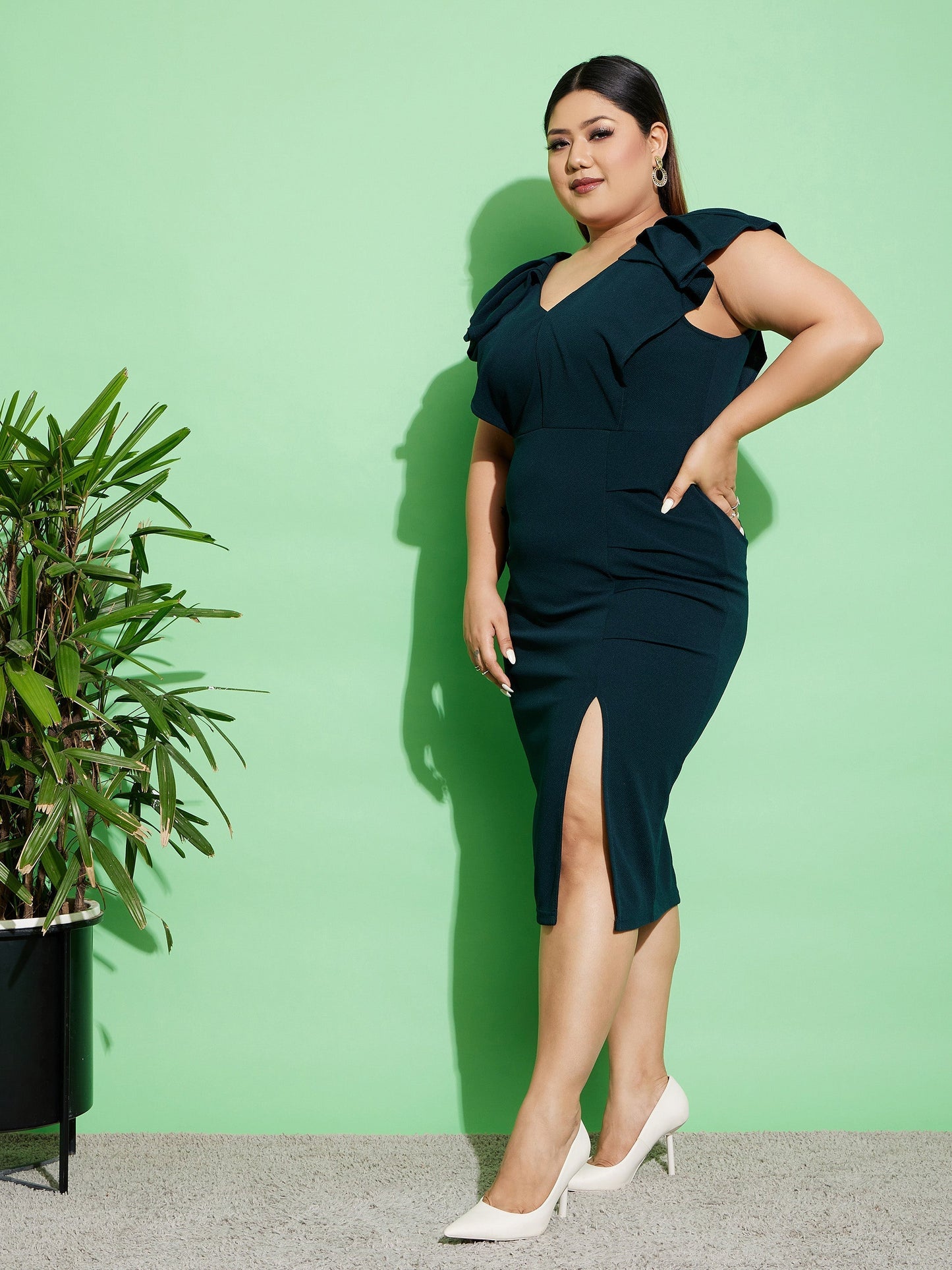 Women's Emerald Green Ruffled Body Slit Bodycon Midi Dress