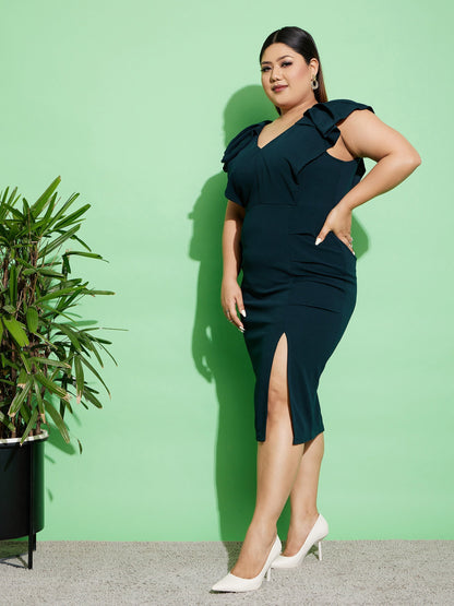 Women's Emerald Green Ruffled Body Slit Bodycon Midi Dress